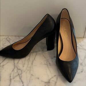 Nine West Black Leather Pointed Block Heel Pumps